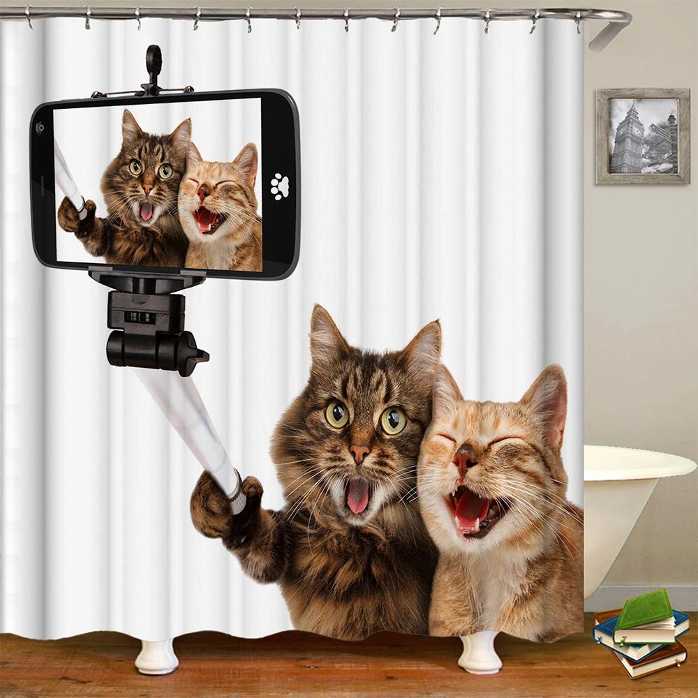 Funny and cute cat shower curtain 3D printing animal waterproof polyester fabric home decoration shower curtainhook